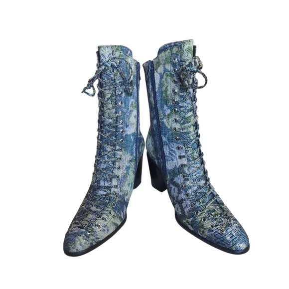 Jeffrey Campbell Hastings Blue Green Floral Tapestry Victorian Boots Lace Up - Picture 8 of 16